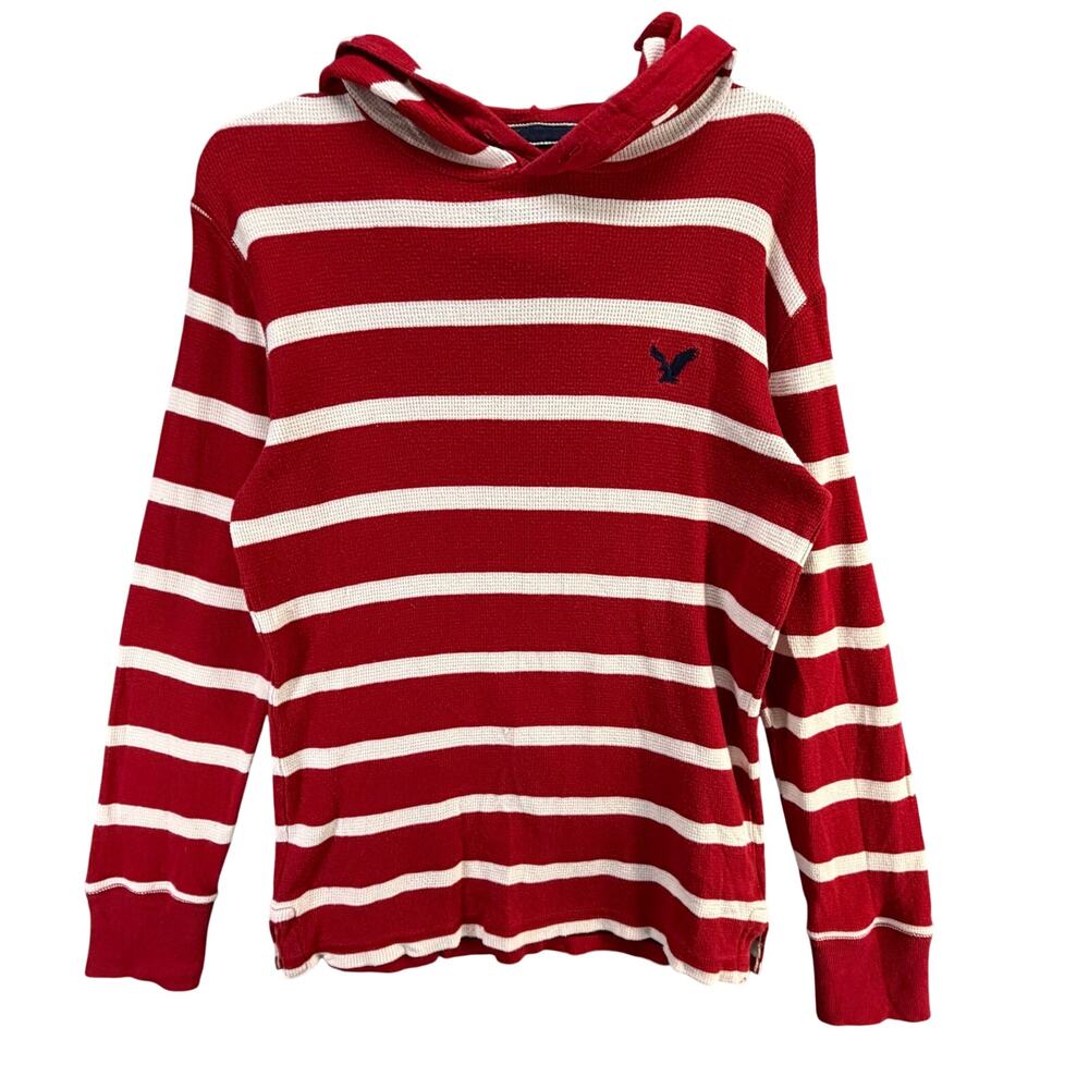 American Eagle Y2K Waffle Knit Hoodie Shirt‎ Unisex Small Red White Striped
